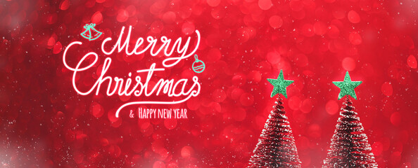 Poster - Merry Christmas and happy new year text over xmas tree and green start on red glitter sparkling lights festive background