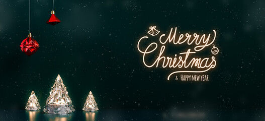 Aufkleber - Merry Christmas and happy new year text glowing on xmas tree lamp lights with red baubles hanging on dark blue green background with snow falling.winter holiday greeting card