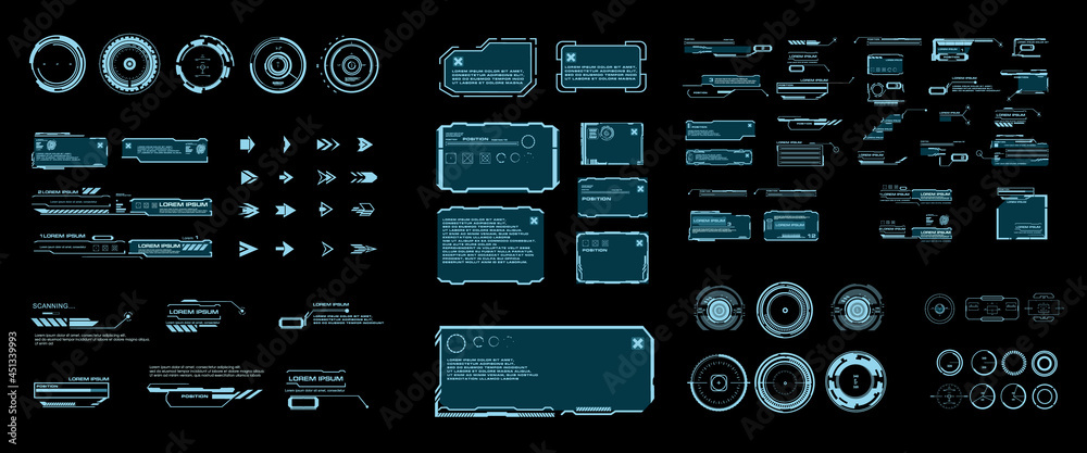 Futuristic set of HUD elements, GUI  HUD user interface. Callouts, headers, frames, arrows, pointers, circles, targets, information and dialog boxes. Elements game design in the HUD  style  - obrazy, fototapety, plakaty 