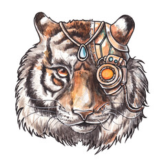 Steampunk tiger watercolor illustration. Tiger head on white background