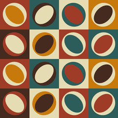 Mid-century modern seamless pattern, geometric shapes in retro colors. Abstract repeating geometry background