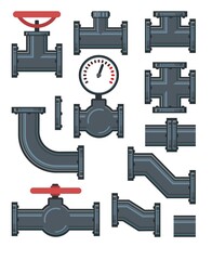 Wall Mural - Set. Fittings, taps, bends, fittings and Pressure gauge. Spare parts for pipelines, sewerage, gas pipelines and any liquids. Isolated on a white background. Illustration Vector