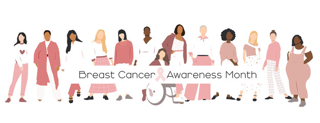 Breast cancer awareness month concept. Women of different ethnicities stand side by side together. Flat vector illustration.