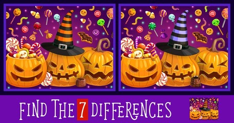Poster - Find or spot differences education game, vector kid activity with Halloween pumpkins and trick or treat candies. Children mind game, puzzle or quiz with Halloween lanterns, witch hats and chocolates