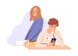 Sad jealous woman suffer from unrequited love, looking at man's phone and spying while her beloved with smartphone messaging online and cheating. Flat vector illustration isolated on white background