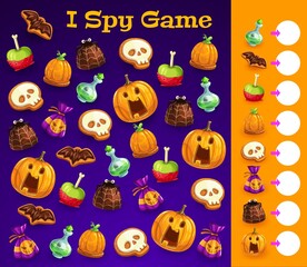 Aufkleber - Children I spy game with Halloween treats. Child riddles book vector page, kids playing activity or exercise with counting task. Cartoon cookie, chocolate candy and apple, pumpkin, magic potion