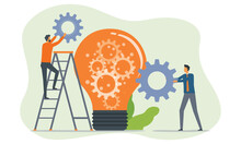 Business Team Working Creative Thinking For Business Marketing Idea Concept. Two People Hold Gears With Lightbulb To Process And Making Innovation Concept
