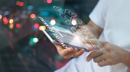Aufkleber - Man holding smart phone online connect to internet banking, online shopping and digital payment. Intelligent financial technology and E-commerce network connection in people lifestyle concept.