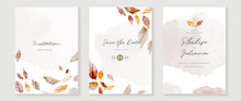 Autumn Wedding Invitation Card Vector.  Luxury Background Design  With Golden Texture, Flower And Botanical Leaves Watercolor Hand Drawing. Abstract Art Cover Design For Wedding And VIP Invite Card.