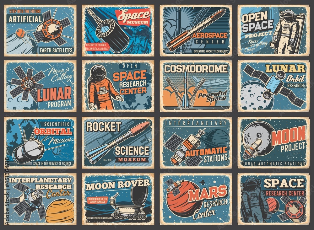 Galaxy, spaceship and outer space vintage posters, vector rocket shuttle flight to galaxy planets. Spacecraft rocket in spaceflight from sky to moon or mars for space exploration or orbital station - obrazy, fototapety, plakaty 