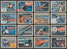 Galaxy, Spaceship And Outer Space Vintage Posters, Vector Rocket Shuttle Flight To Galaxy Planets. Spacecraft Rocket In Spaceflight From Sky To Moon Or Mars For Space Exploration Or Orbital Station