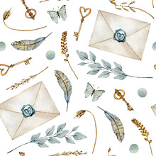 Watercolor seamless pattern with craft envelope, vintage keys, eucalyptus, butterfly and ears of corn. Hand drawn clipart. Isolated on white background. 