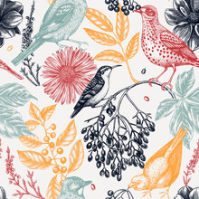 Trendy-colored Autumn Background With Birds. Birds Seamless Pattern. Elegant Botanical Backdrop With Autumn Leaves, Berries, Flowers, And Bird Sketches.