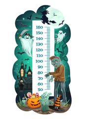 Kids height chart with Halloween monsters and ghosts vector background. Children growth meter, ruler or stadiometer wall sticker with centimeter scale, cartoon Halloween pumpkin, witch and zombie