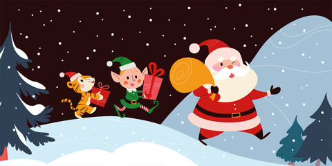 Wall Mural - Winter holiday night illustration with cute tiger, elf and Santa Claus characters walking on snowy forest mountain landscape. Vector cartoon flat concept. For card, package, banner, invitation.