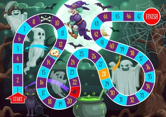 Poster - Kids step path vector board game with Halloween characters and block path. Boardgame with numbers, start and finish. Educational children riddle, family or preschool recreation game cartoon template