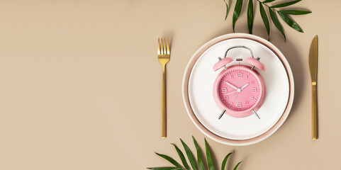 Wall Mural - Composition with cutlery, measuring tape and alarm clock on color background. Diet concept, copy space