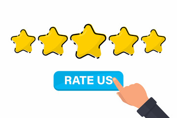 Five gold star rating. Satisfaction Rating and Leaving Positive Review. Online feedback reputation quality customer review. Review and rate us stars, business concept for apps and websites. Rate us