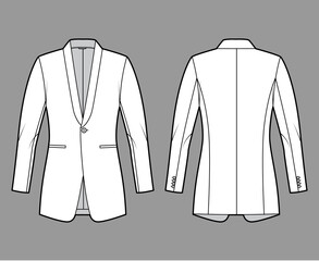 Wall Mural - Dinner fitted jacket suit tuxedo technical fashion illustration with single breasted, long sleeves, jetted pockets. Flat coat blazer template front, back, white color style. Women unisex CAD mockup