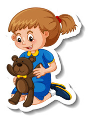 Canvas Print - Sticker template with a girl playing with her teddy bear isolated