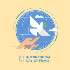 International day of peace - hands are letting the dove of peace to fly on blue circle world on yellow background modern flat style vector Design