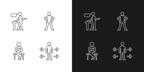 Wall Mural - Communication skills linear icons set for dark and light mode. Confident speaking. Confidence body language. Customizable thin line symbols. Isolated vector outline illustrations. Editable stroke