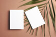 Invitation card mockup with front and back sides and palm tree leaf