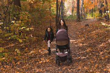 Wall Mural - Mother and her little daughter and a baby in pram on walk in autumn wood