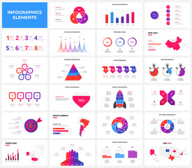 Poster - Set of infographic presentation slides. Target, rocket, pyramid, maps, arrows, flowchart and circle diagrams. Vector illustration for business data visualization