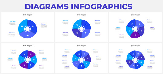 Poster - Slides with circle infographics elements for business presentation. Vector info graphic cycle design templates. Concept with 3, 4, 5, 6, 7 and 8 options, parts or steps