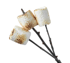 Poster - Twigs with roasted marshmallows on white background