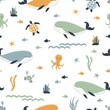 Seamless pattern with whales, octopuses, sea turtles, fishes in boho style. Pastel shades. Underwater world background.