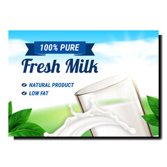 Canvas Print - Fresh Milk Natural Drink Advertising Poster Vector. Fresh Milk Splashing In Glass And Green Leaves On Promotional Banner. Drinking Vitamin Bio Farm Product Style Concept Template Illustration