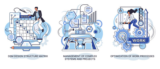 Fototapete - DSM Design structure matrix. Management of complex systems and projects. Optimization of work processes. Business improvement and development. Project planning. Effective team work. Creative metaphors