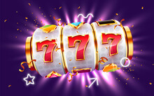 Golden Slot Machine Wins The Jackpot. 777 Big Win Concept. Casino Jackpot.