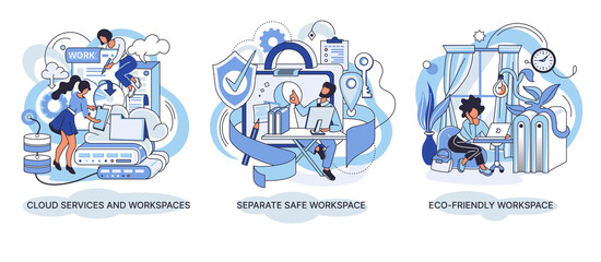 Fototapete - Cloud services and workspaces set. Separate safe workspace. Space with creative people working together. Smart personal space. Eco-friendly workspace creative metaphor Smart business Creative metaphor