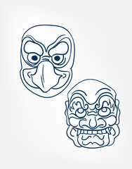 Wall Mural - oni samurai mask set vector line art sketch japanese design isolated