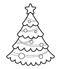 Wall Mural - Christmas coloring book or page for kids. Christmas tree black and white vector illustration