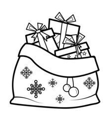 Christmas coloring book or page for kids. Christmas bag with gifts black and white vector illustration