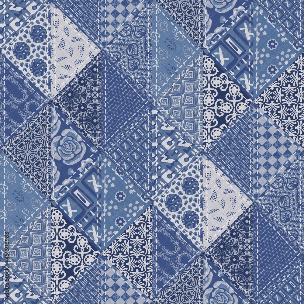Denim western blue patchwork triangle woven texture. Indigo vintage wash  printed cotton textile effect. Patched jean home decor background. Boho  bandana quilt stitch allover fabric print material. Stock Illustration |  Adobe Stock, image size:1000x1000