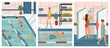 © Wanlee - People swim in public swimming pool concept vector illustration set. Sport swimming pool interior. Man and woman training in water. Girl taking shower after swi