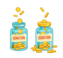 Donation Coins Accumulate In Jar Savings Money Concept Vector Illustration.  Full Glass Donation Jar With Money Isolated In White Background