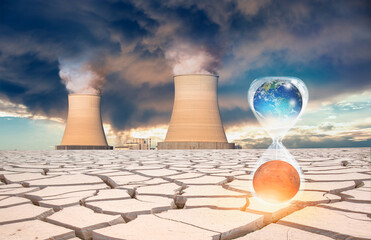 Poster - Global warming concept-Planet Earth is becoming a dead planet like Mars - Hourglass inside Planet Earth and Mars isolated-Cracked mud tiles in dry river bed 