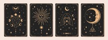 Mystical Astrology Tarot Cards, Bohemian Occult Card. Vintage Engraved Esoteric Cards With Moon Phases, Sacred Sun And Stars Vector Set. Female Character With Loon Stages, Sun Sign