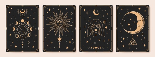 Mystical astrology tarot cards, bohemian occult card. Vintage engraved esoteric cards with moon phases, sacred sun and stars vector set. Female character with loon stages, sun sign