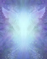 Blue Angel Healing Certificate Award Diploma background - Angel wings with bright spiritual light flowing between against an ethereal sparkling background ideal for an Angel healing certificate
