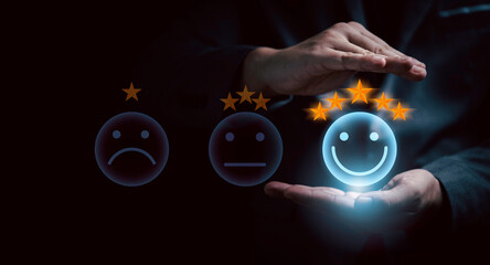 Poster - Businessman hand protecting smile button for the best evaluation and clients excellent rating , customer satisfaction concept.