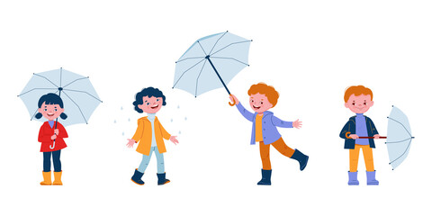 Wall Mural - Cute smiling kids with umbrellas in rubber boots. Set of vector illustrations in flat cartoon style.