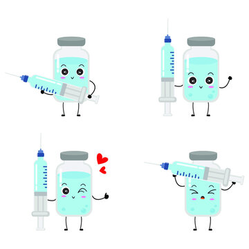 Cute vector of vaccine bottle character. Vaccination fight coronavirus (2019-nCoV), Alcohol gel for against COVID-19, Protection from viruses attack, smile, injection, isolated on white background 5