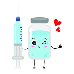 Cute vector of vaccine bottle character. Vaccination fight coronavirus (2019-nCoV), Alcohol gel for against COVID-19, Protection from viruses attack, smile, injection, isolated on white background 3